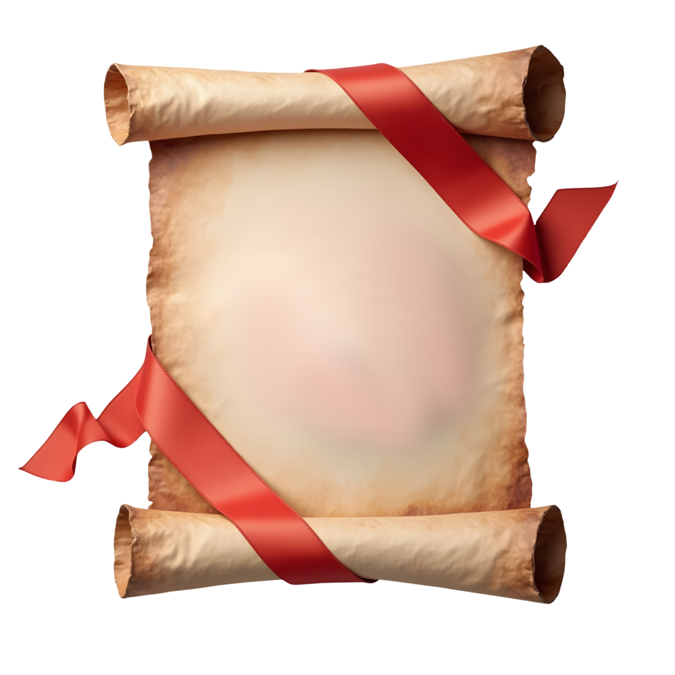 Ancient scroll with red ribbon wrapped around, showing vintage paper texture and curled edges png