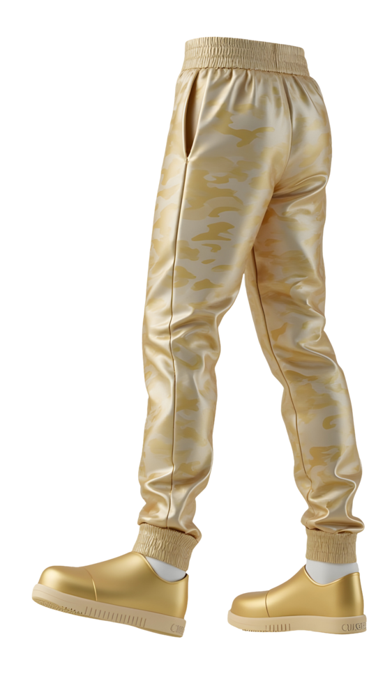 Golden pants shiny fabric casual wear elastic waist stylish shoes comfortable fit modern fashion png