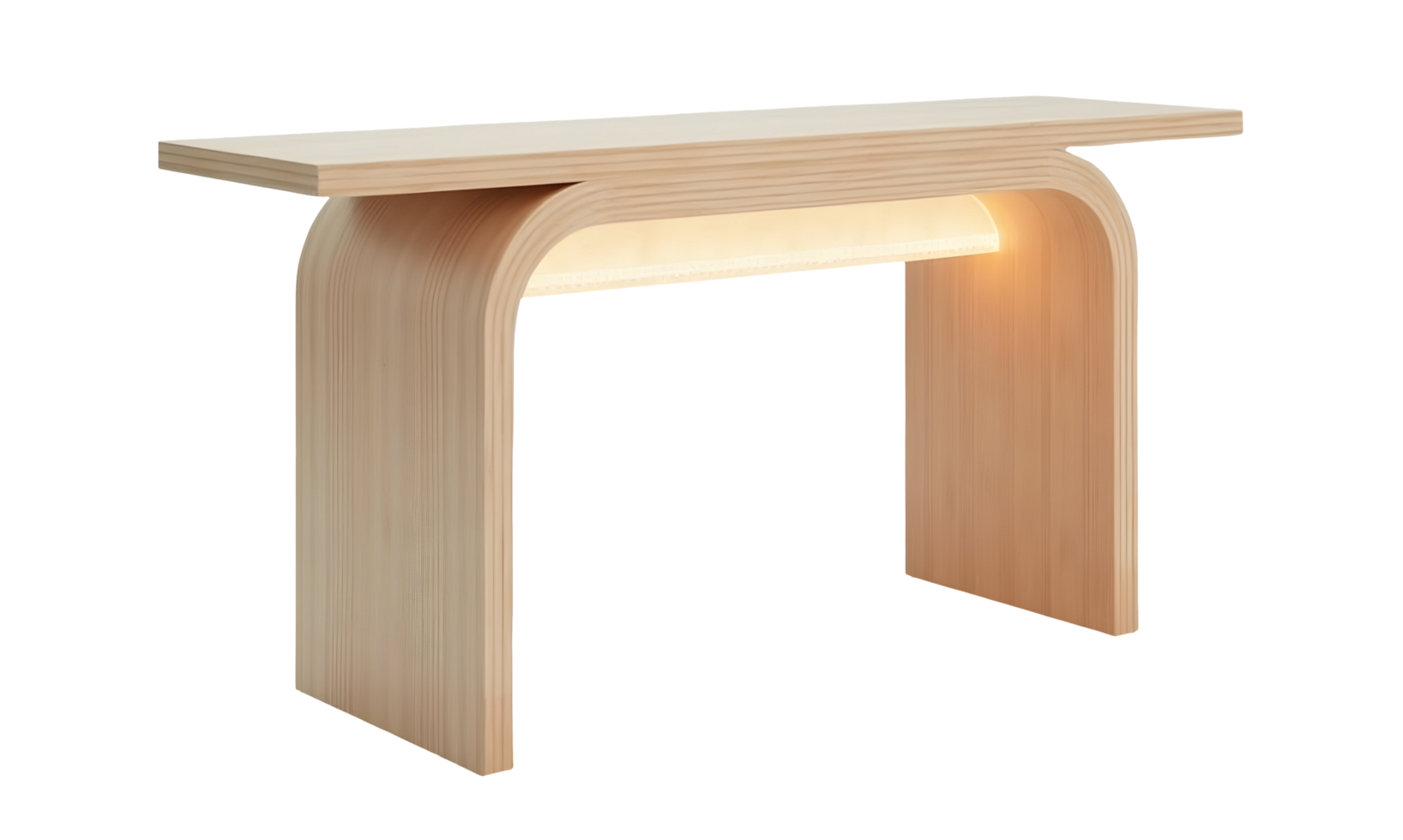 Modern wooden console table with curved legs and built in warm light png