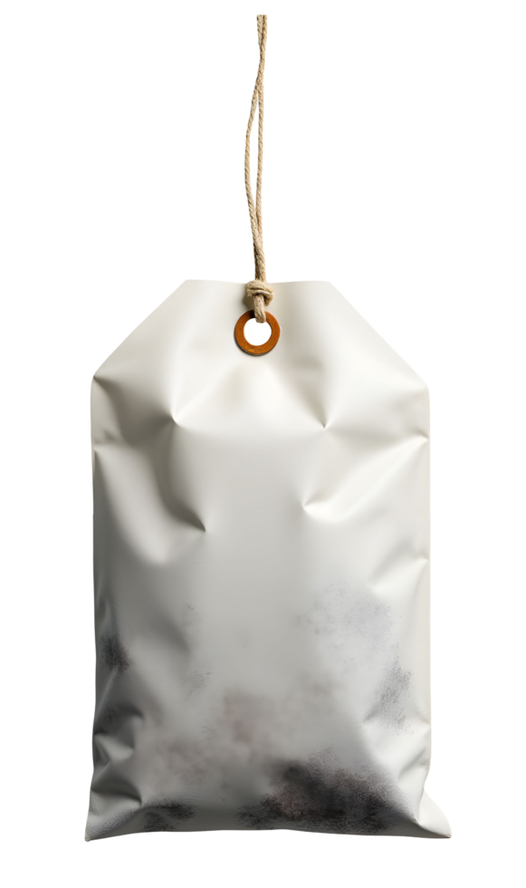 White hanging tag with wrinkles and dirt marks, tied with rough string for rustic look png