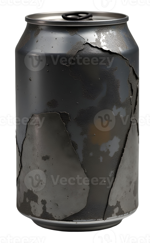 Damaged metal can with peeling paint and rust texture showing wear and age png