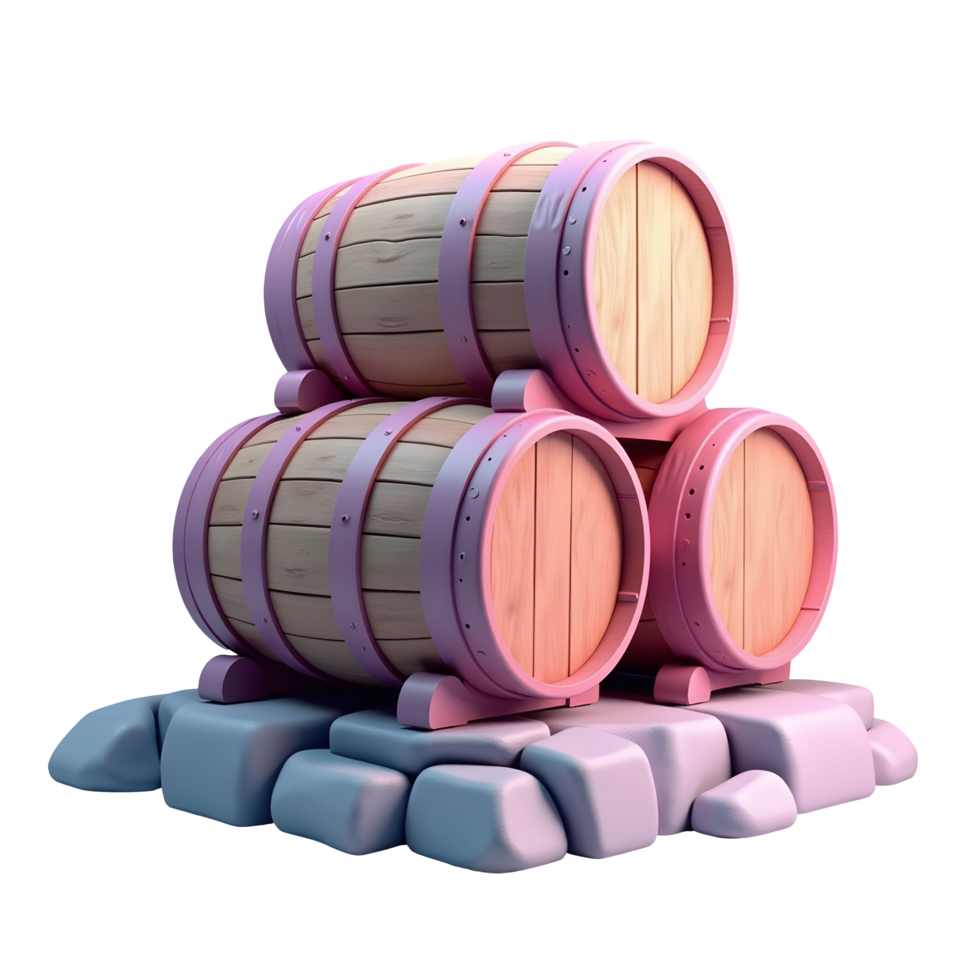 Stacked wooden barrels on stone blocks with soft lighting and smooth texture png