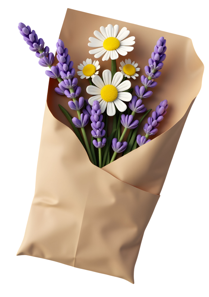Charming bouquet of lavender and daisy flowers wrapped in brown paper, evoking calm and joy png