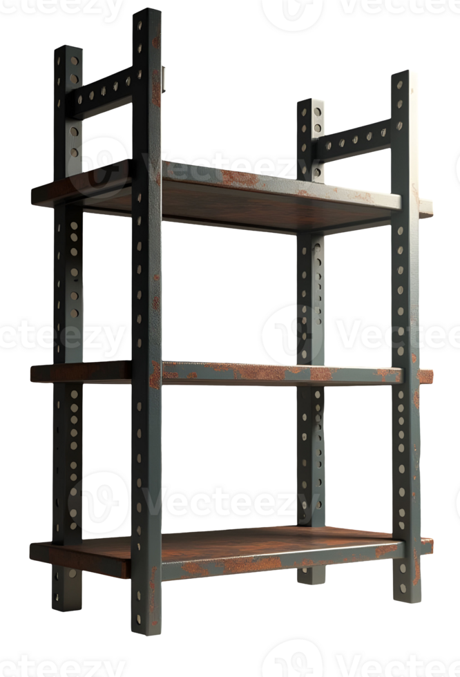 Rustic metal shelving with wooden shelves showing signs of rust and wear png
