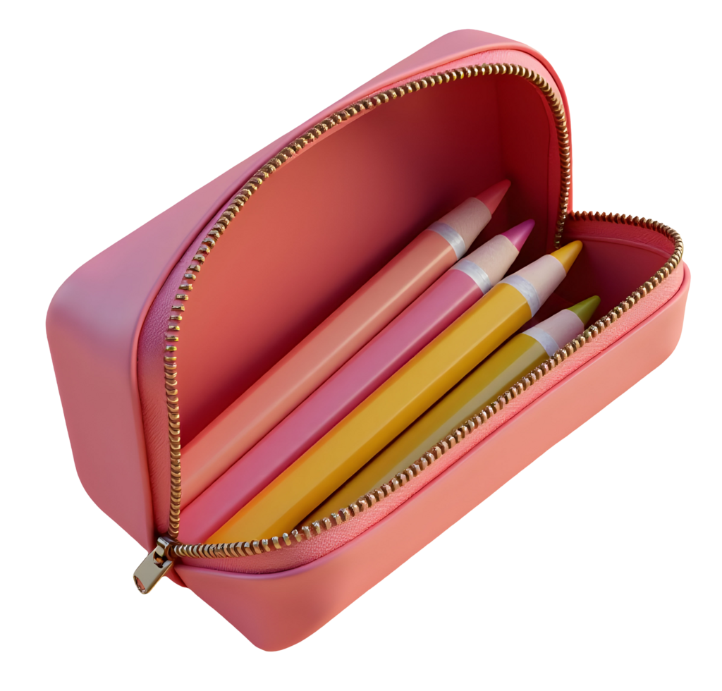Pink pencil case with colorful pencils inside, bright and cheerful stationery set png