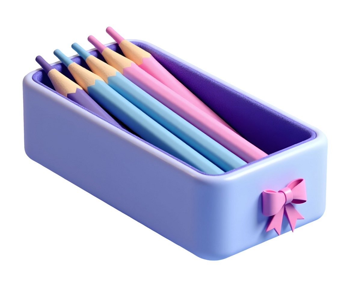 Colored pencils in pastel purple box with pink bow, arranged neatly and inviting creativity png