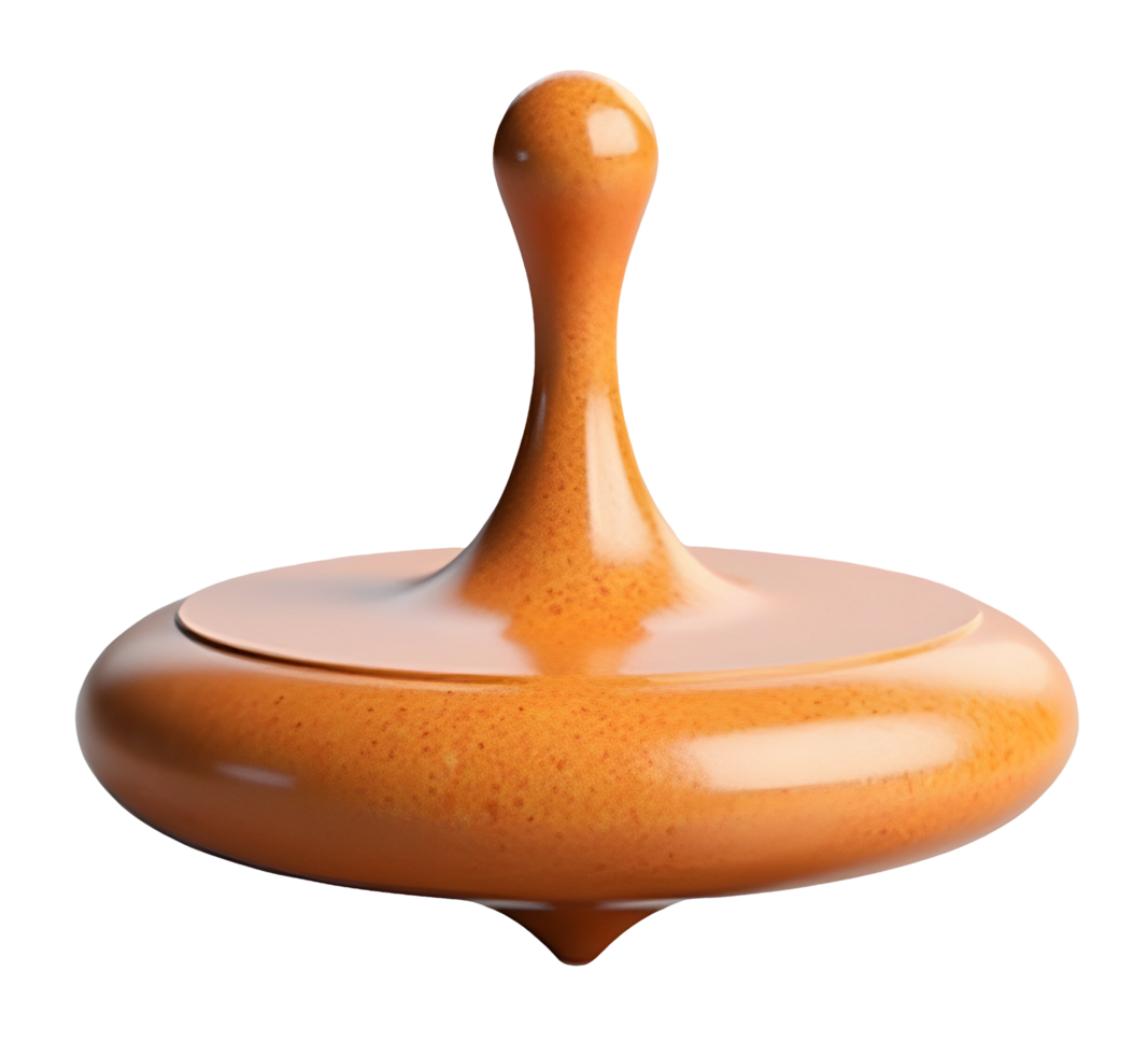 Spinning top toy with smooth orange surface and glossy finish isolated on black png
