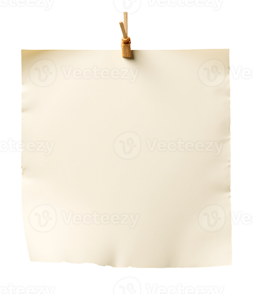 Blank beige paper hanging with wooden clip on string for message or note png