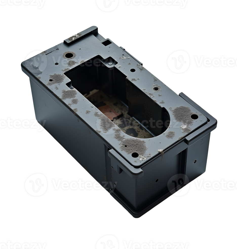 Rusty metal electrical box with weathered surface and mounting holes png