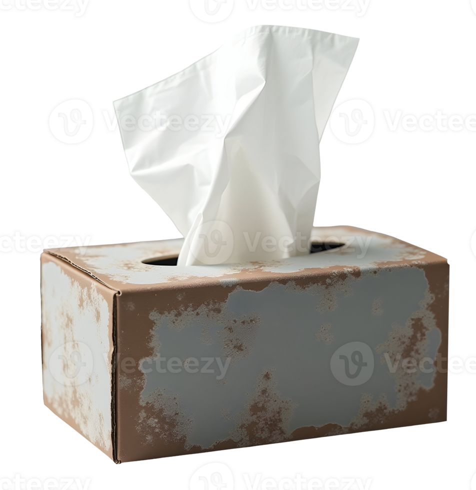 White tissue paper in worn brown and gray rectangular box for cleaning or hygiene png