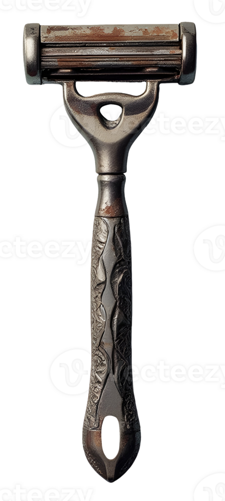 Old metal razor with rust and textured handle, showing vintage worn out look png