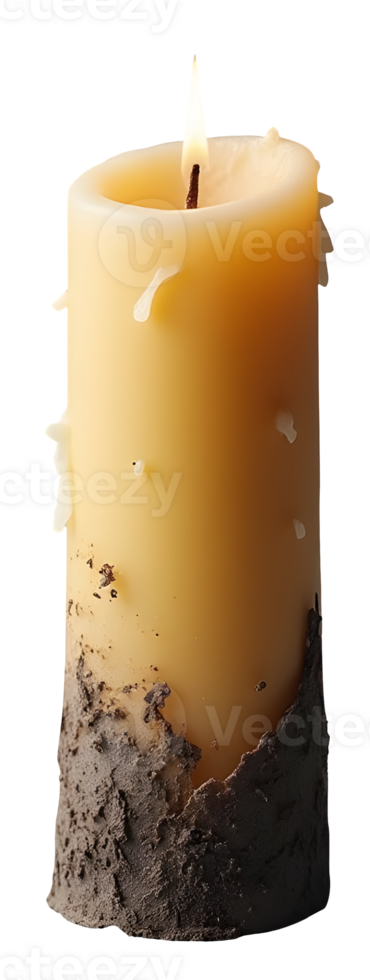 Burning candle with melted wax and textured base glowing warmly png