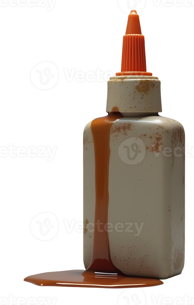 Spilled glue bottle with brown adhesive leaking and dirty container on surface png