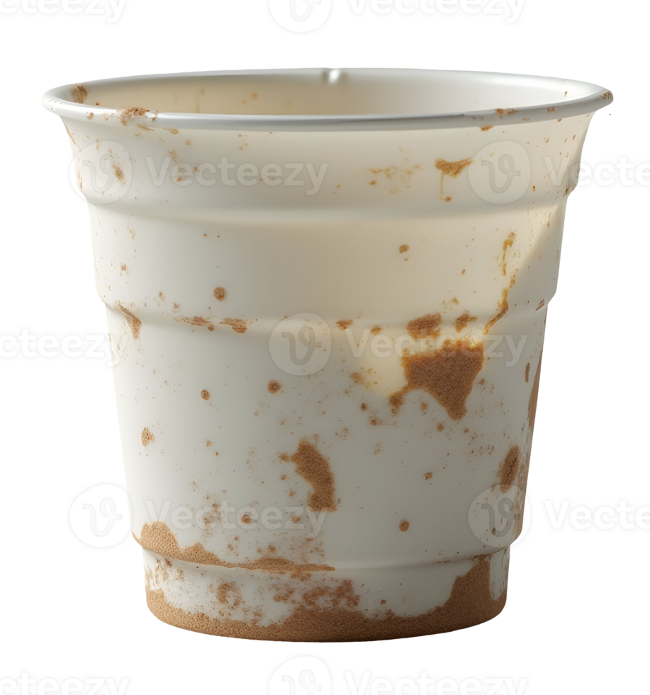 Dirty white plastic cup with brown stains and dirt marks, showing neglect and mess png