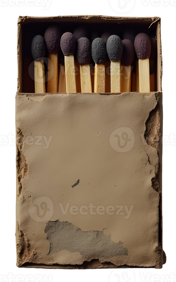 Worn matchbox with burnt matchsticks inside showing aged texture and vintage look png