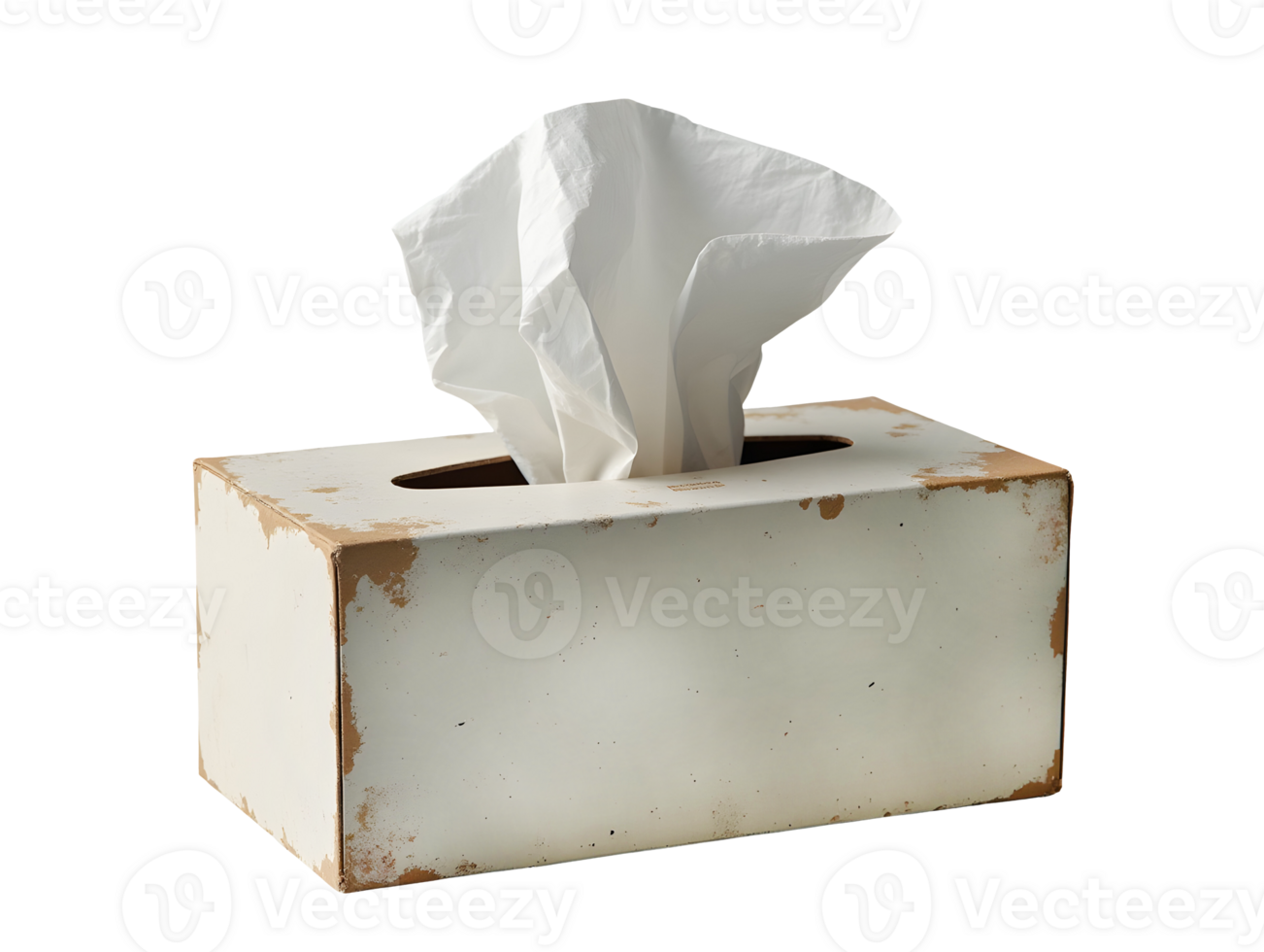 White tissue box with single tissue paper emerging from top, showing wear and tear on edges png