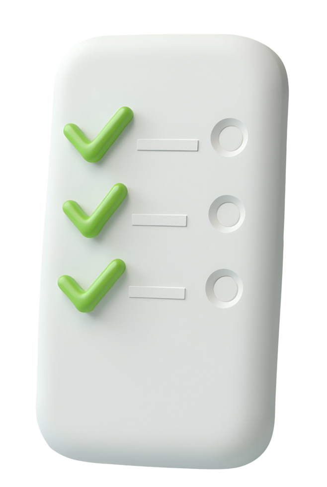 Checklist with three green check marks white rounded rectangular board, symbolizing completed png