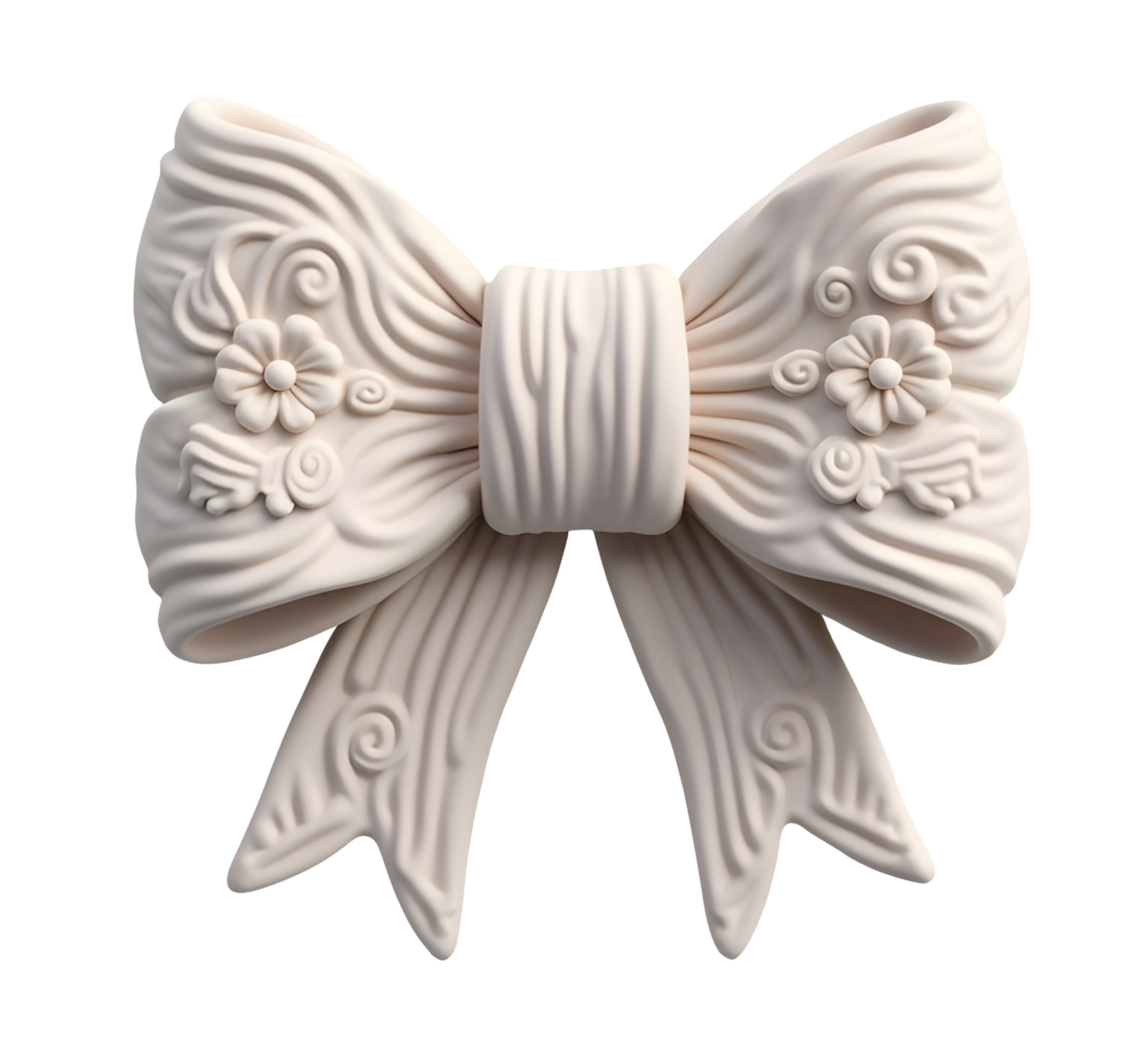 Ornate bow with floral and swirl patterns in soft white color, elegant decorative design png