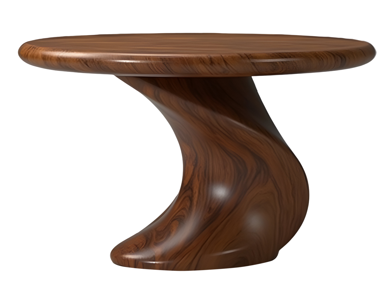 Swirling wood table with smooth polished surface and elegant curved base png