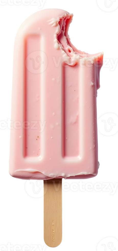 Pink bitten popsicle on wooden stick with creamy texture and refreshing look png