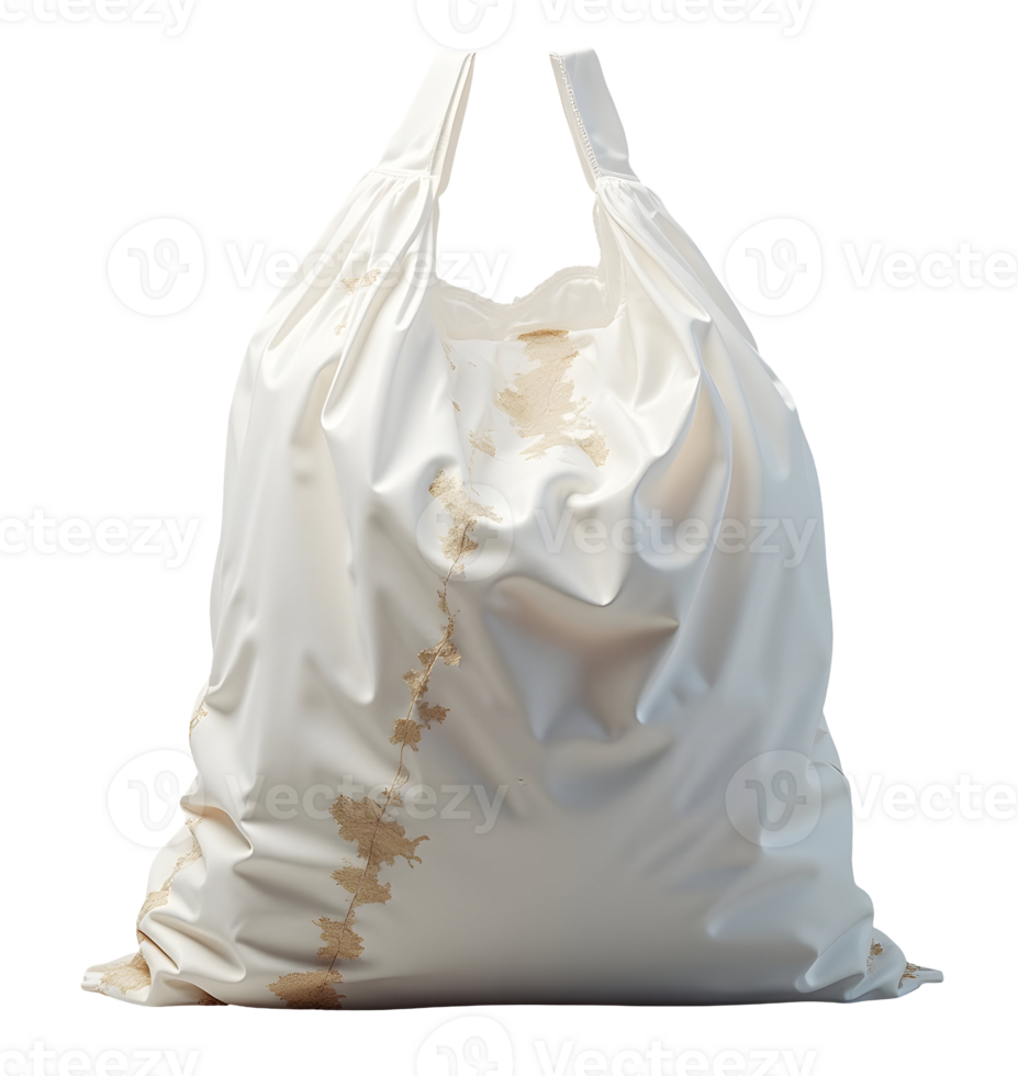White plastic bag with brown stains and wrinkles, isolated on transparency background png