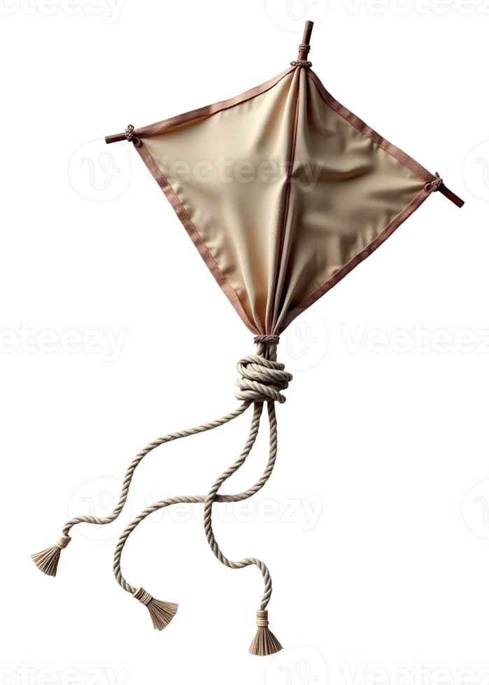 Beige kite with brown frame and twisted rope tail flying in air png