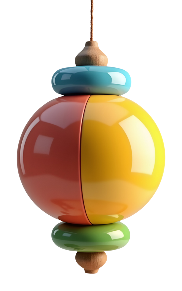 Colorful wooden pendant with glossy finish hanging by string, bright and cheerful design png