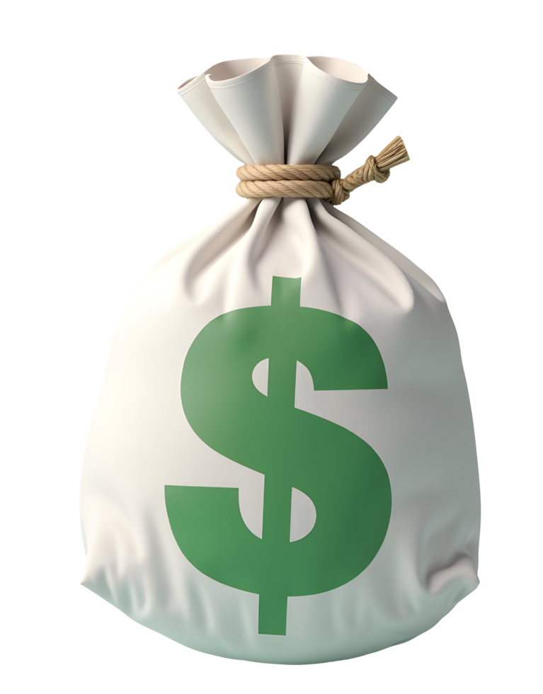 Money bag with green dollar sign tied with rope, symbolizing wealth and savings png