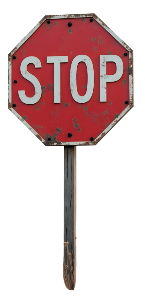 Rusty stop sign with weathered red paint and white letters on wooden post png