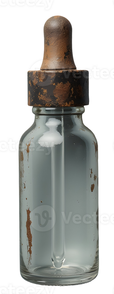Aged dropper bottle with rusty cap and clear liquid inside, showing wear and texture png