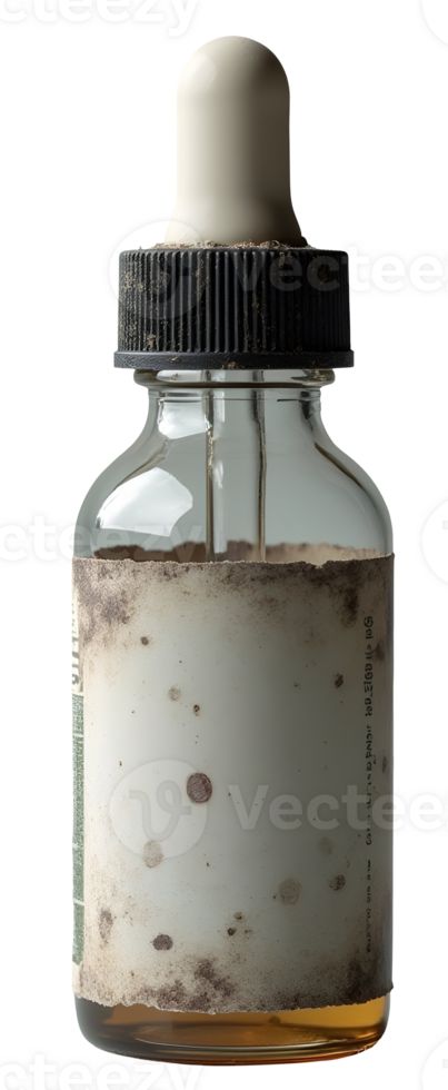 Old dusty glass dropper bottle with dirty label and rubber top png