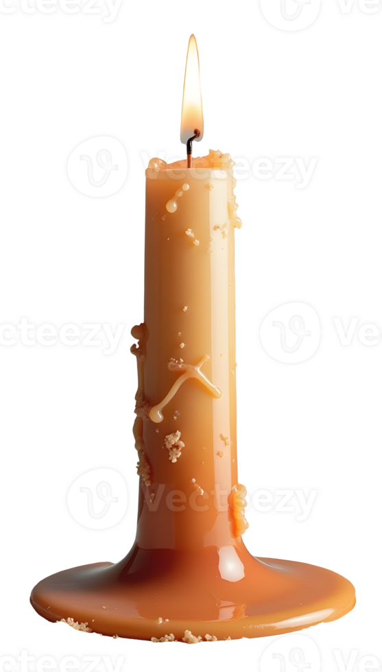 Burning candle with melted wax dripping down and glowing flame on transparency background png