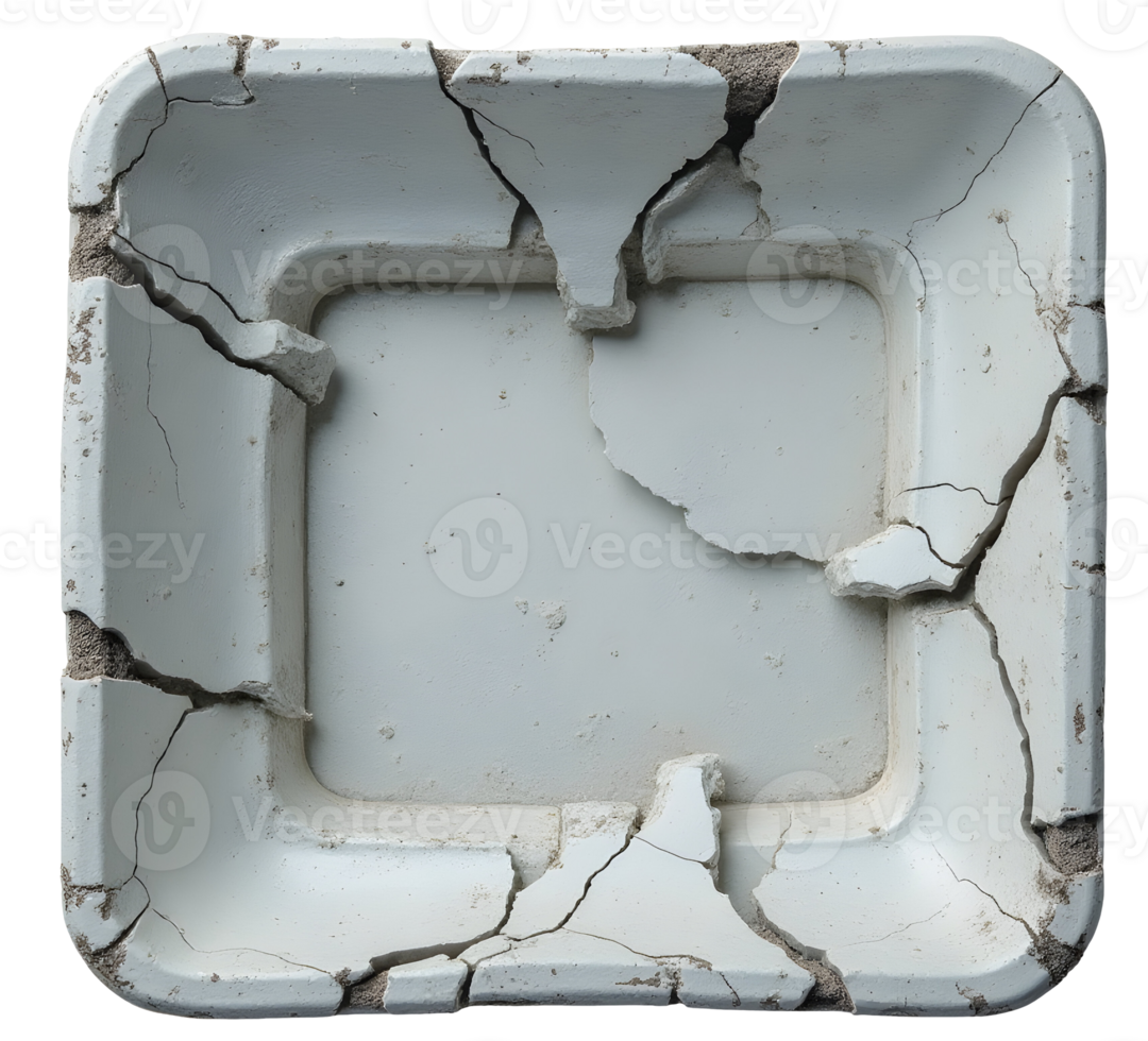 Cracked container with broken edges and damaged surface showing wear and tear png