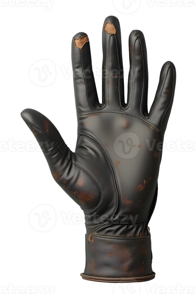 Worn leather glove with visible damage and rust stains showing heavy use and age png
