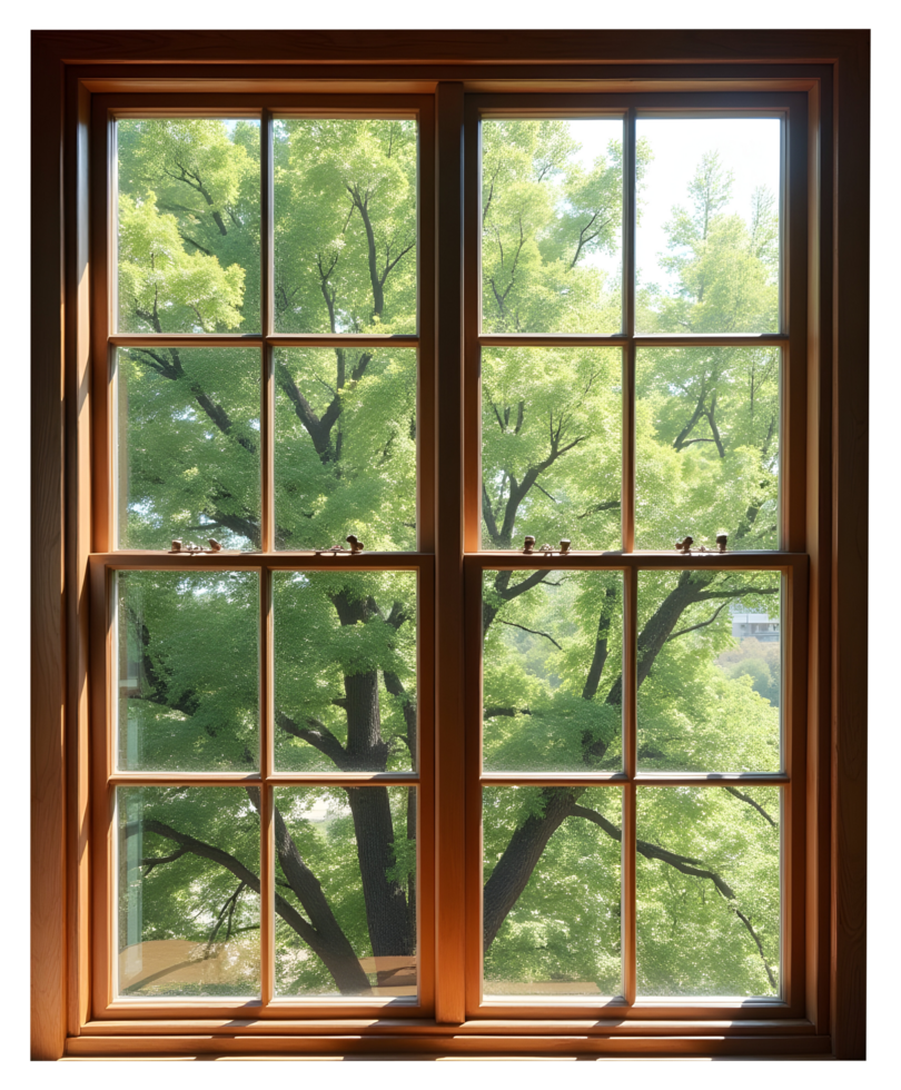 Bright green tree outside wooden window with sunlight creating peaceful view png