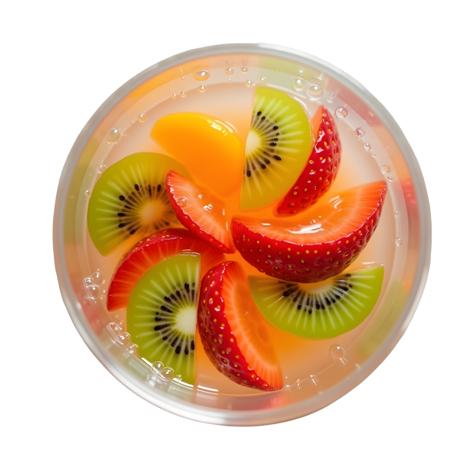 Fresh fruit jelly dessert with strawberry, kiwi, and peach slices in clear gelatin png