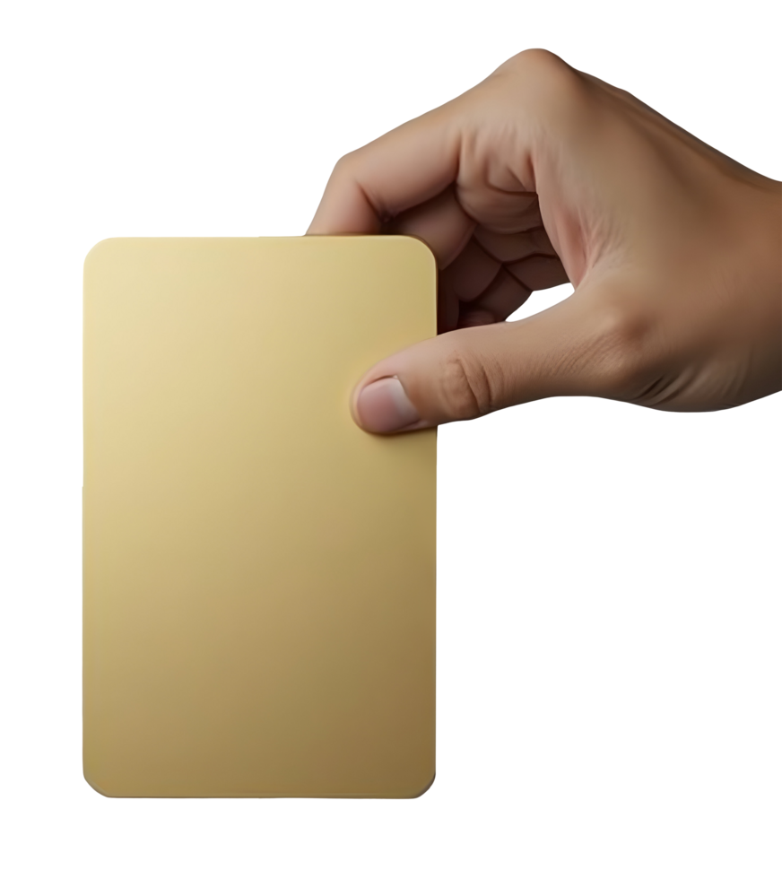 Golden card held by hand with smooth surface and rounded corners png
