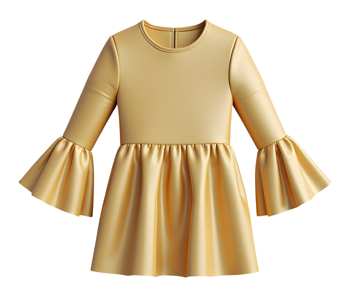 Golden bell dress with flared sleeves and shiny fabric, elegant and stylish design png