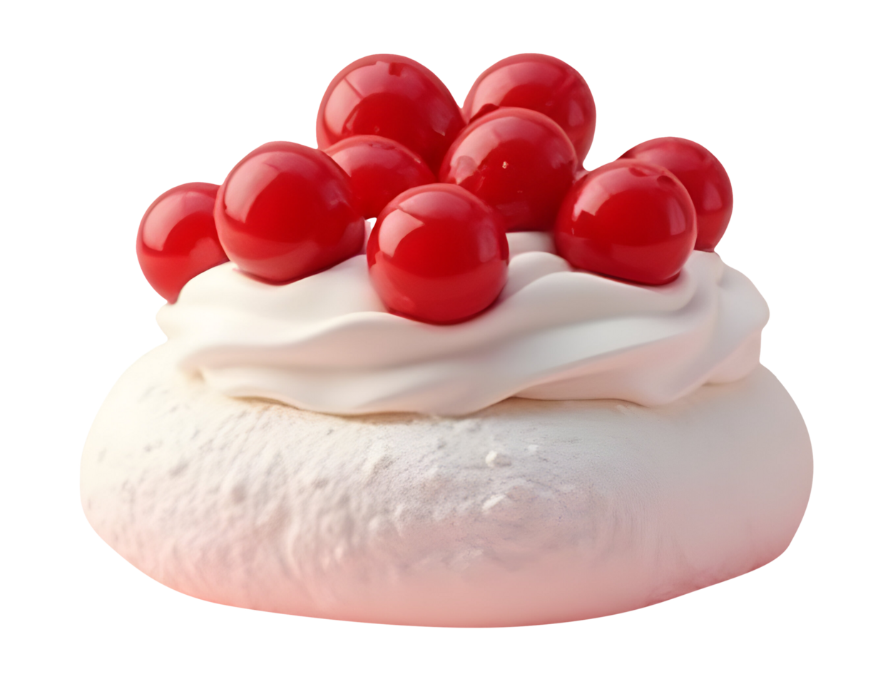 Sweet dessert with red cherry topping and creamy white frosting on meringue base png