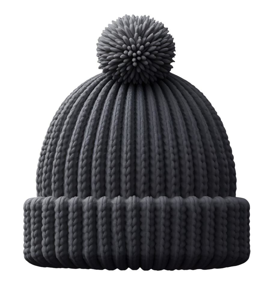 Gray winter beanie with pom pom and ribbed knit texture, cozy and warm for cold weather png