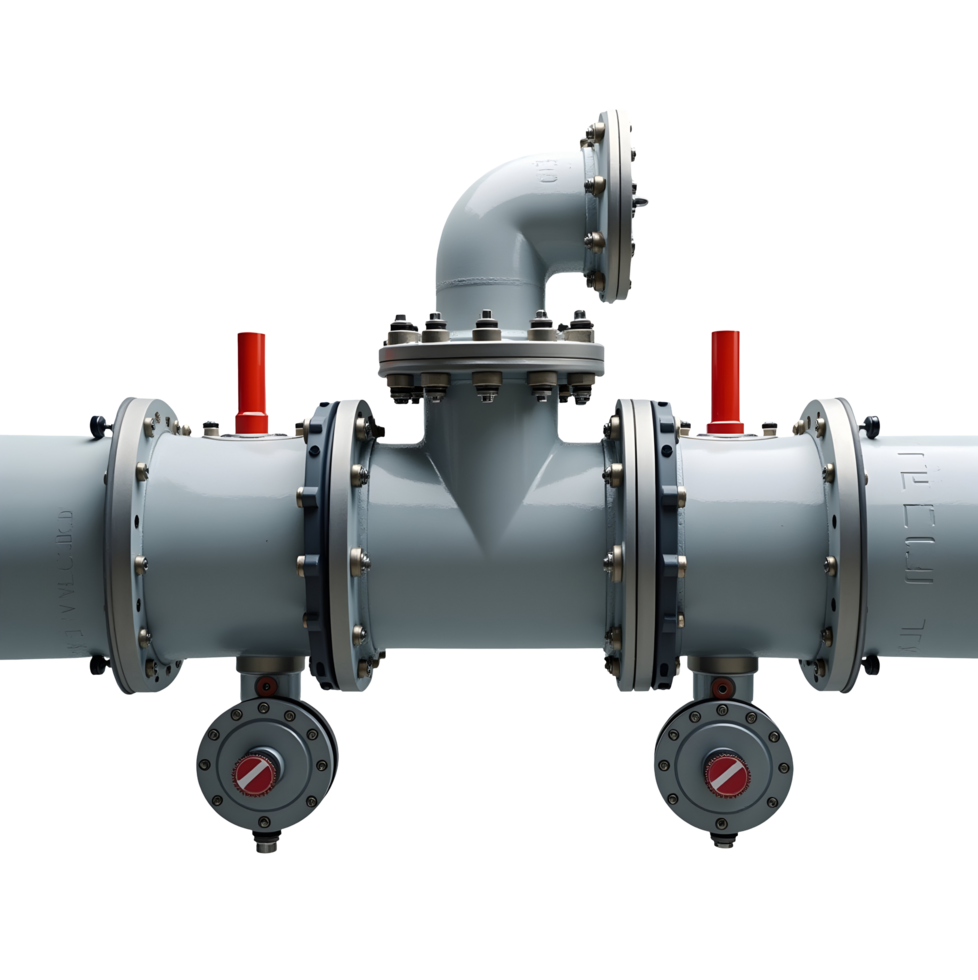 Industrial pipeline with valves and connectors, detailed and clean metal surface png
