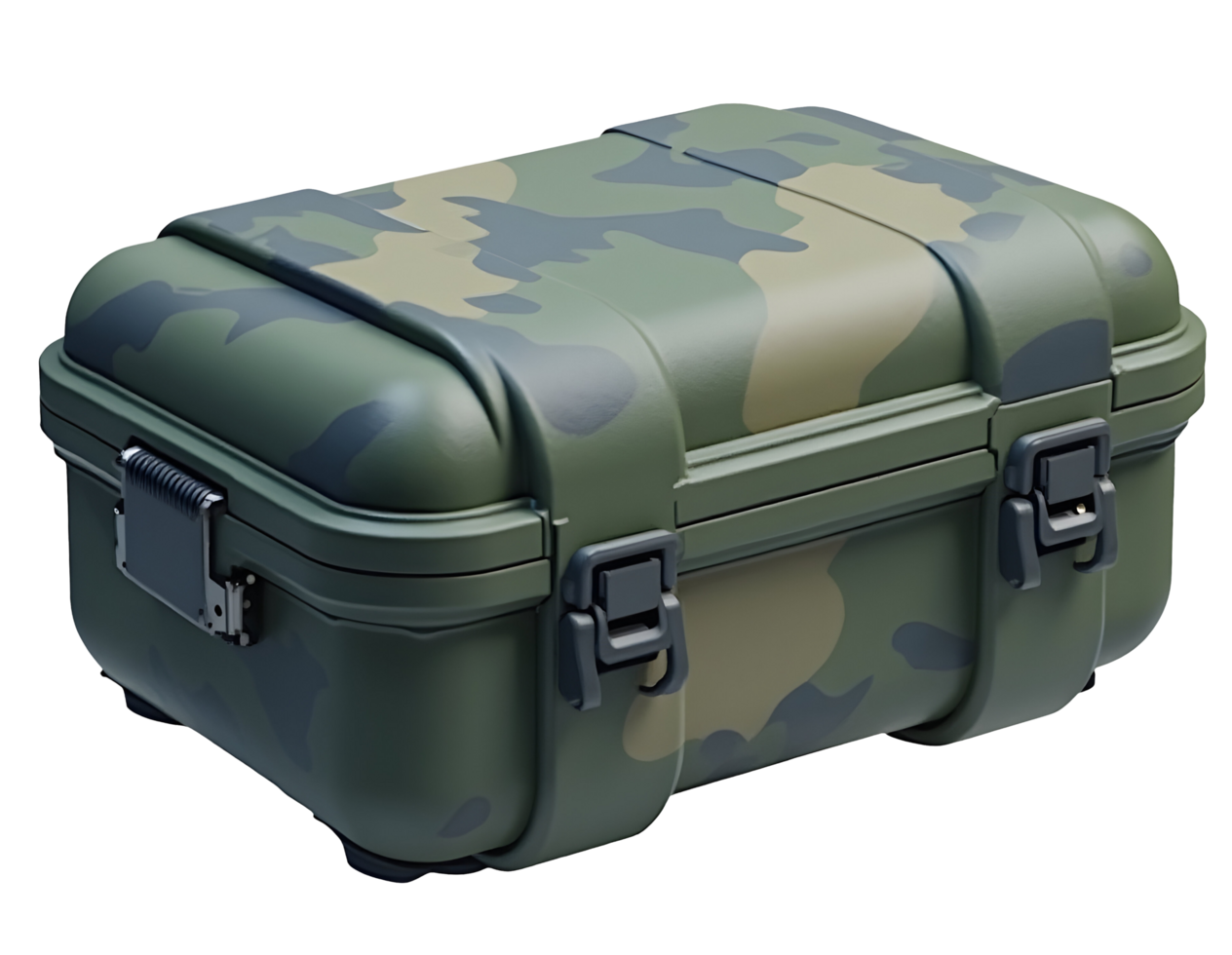 Camouflage storage box with secure latches and handle, designed for durable outdoor use png