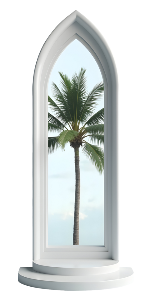Tropical palm tree seen through tall arched window with white frame and steps png