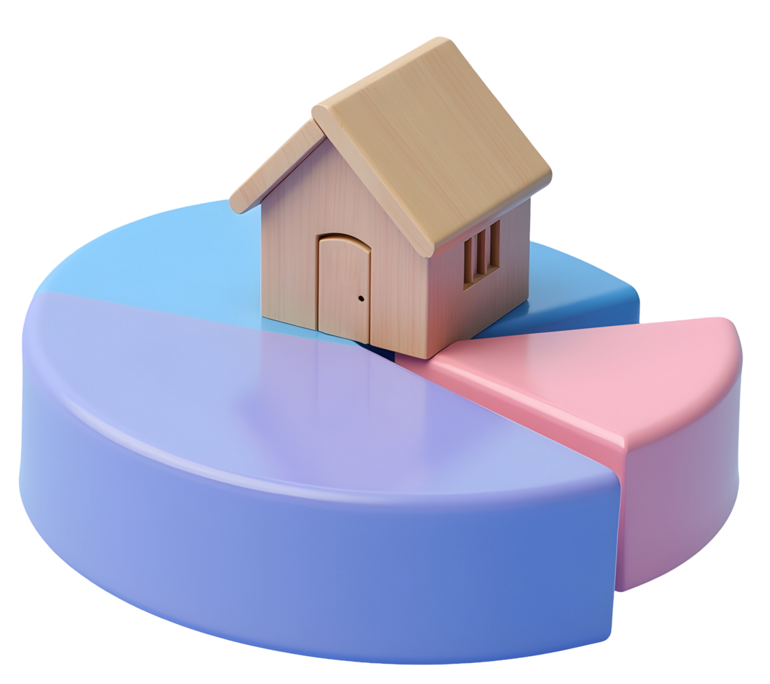 Wooden house on colorful pie chart segment showing real estate data analysis png