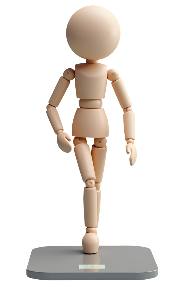 Wooden figure walking on gray base with smooth joints and simple design png