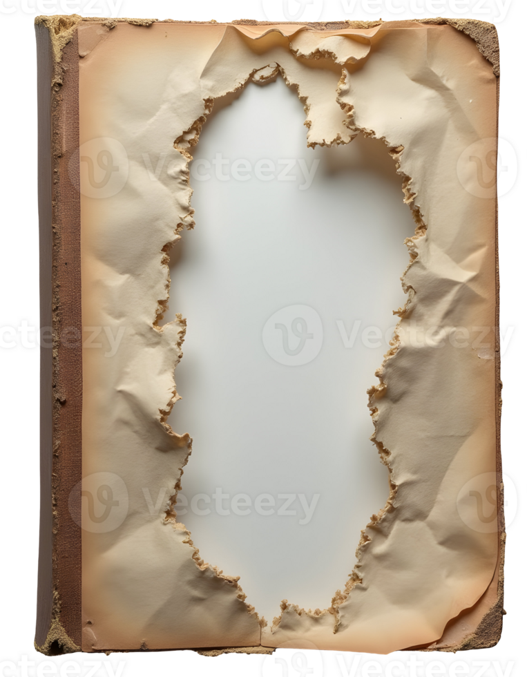 Torn book pages with burnt edges and large hole in center showing blank background png