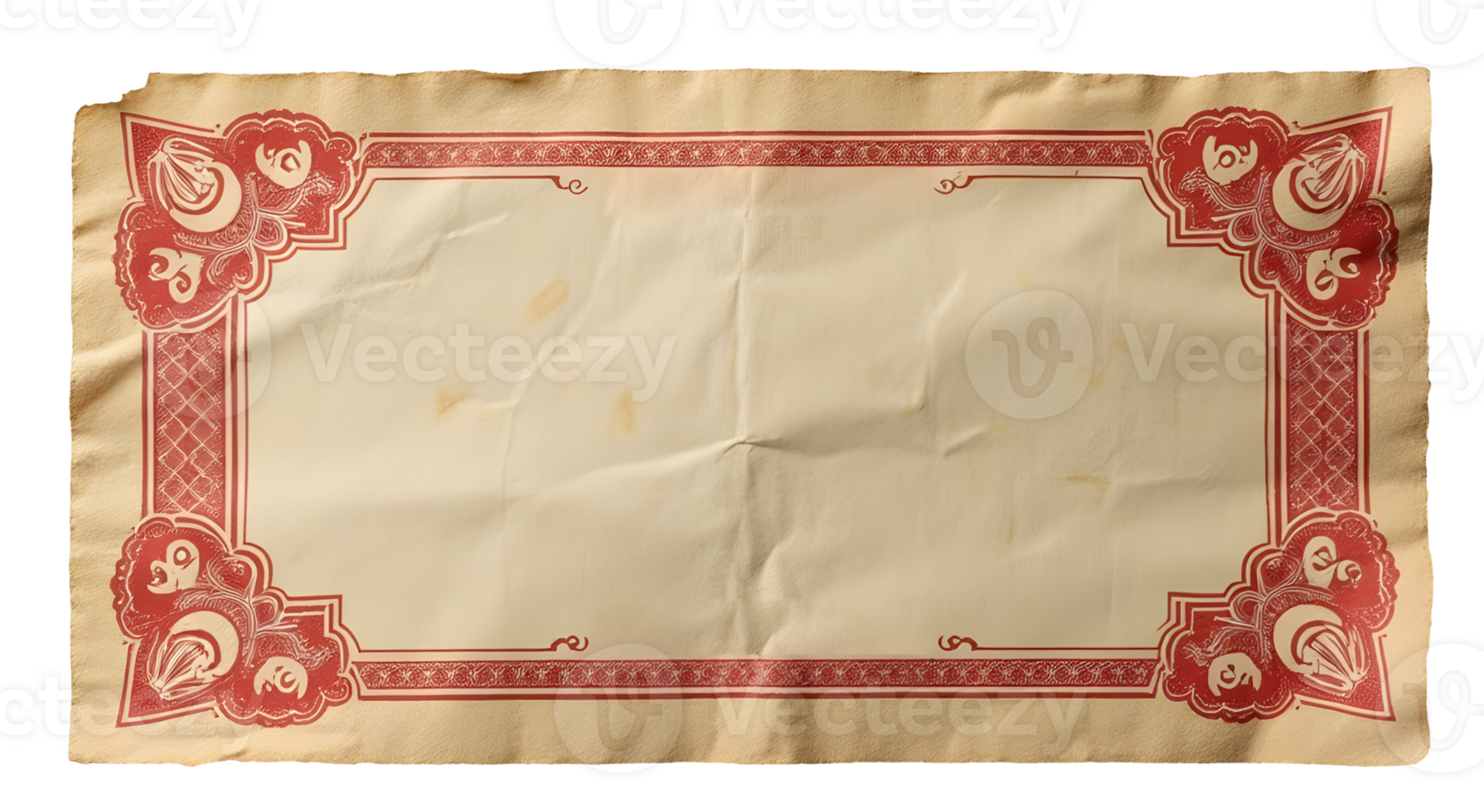 Vintage paper frame with red decorative border and aged texture, showing creases and stains png
