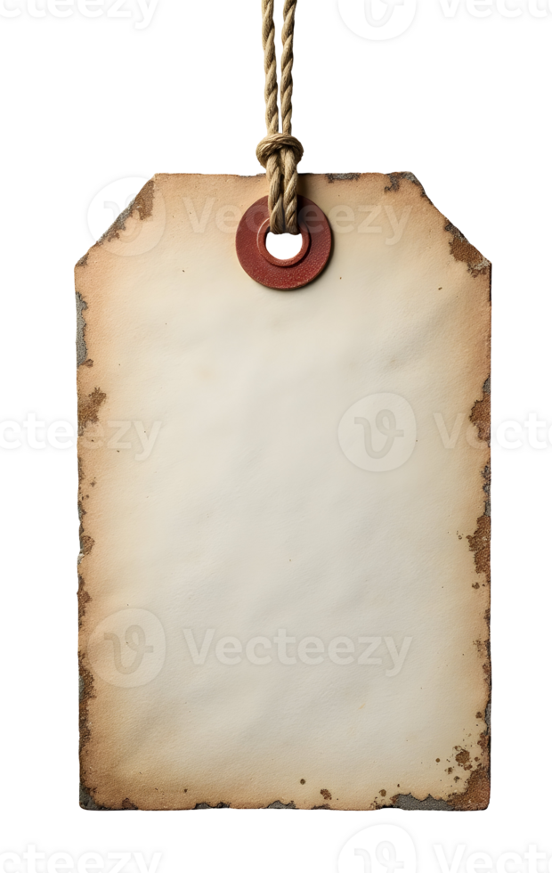 Aged paper tag with burnt edges and rope string hanging, vintage style label png