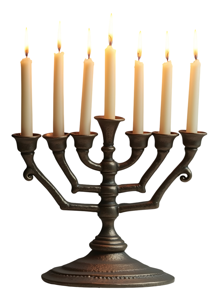 Peaceful light from seven lit candles on traditional religious candelabrum png