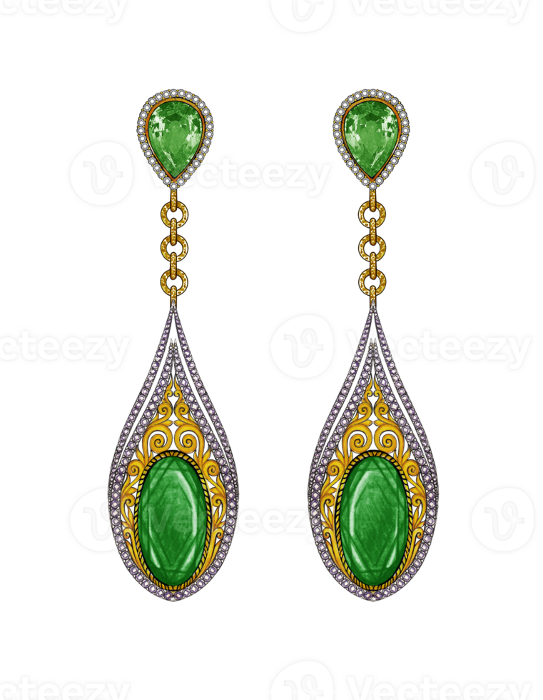 Vintage art with emerald earrings jewelry design by hand drawn. png